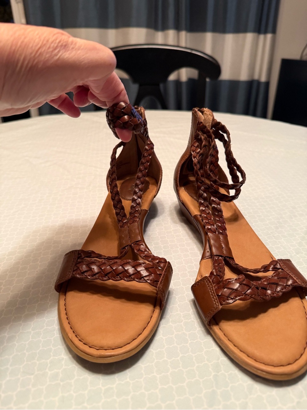 boc Brown Braided Leather Ankle-Tie Sandals low wedge heel